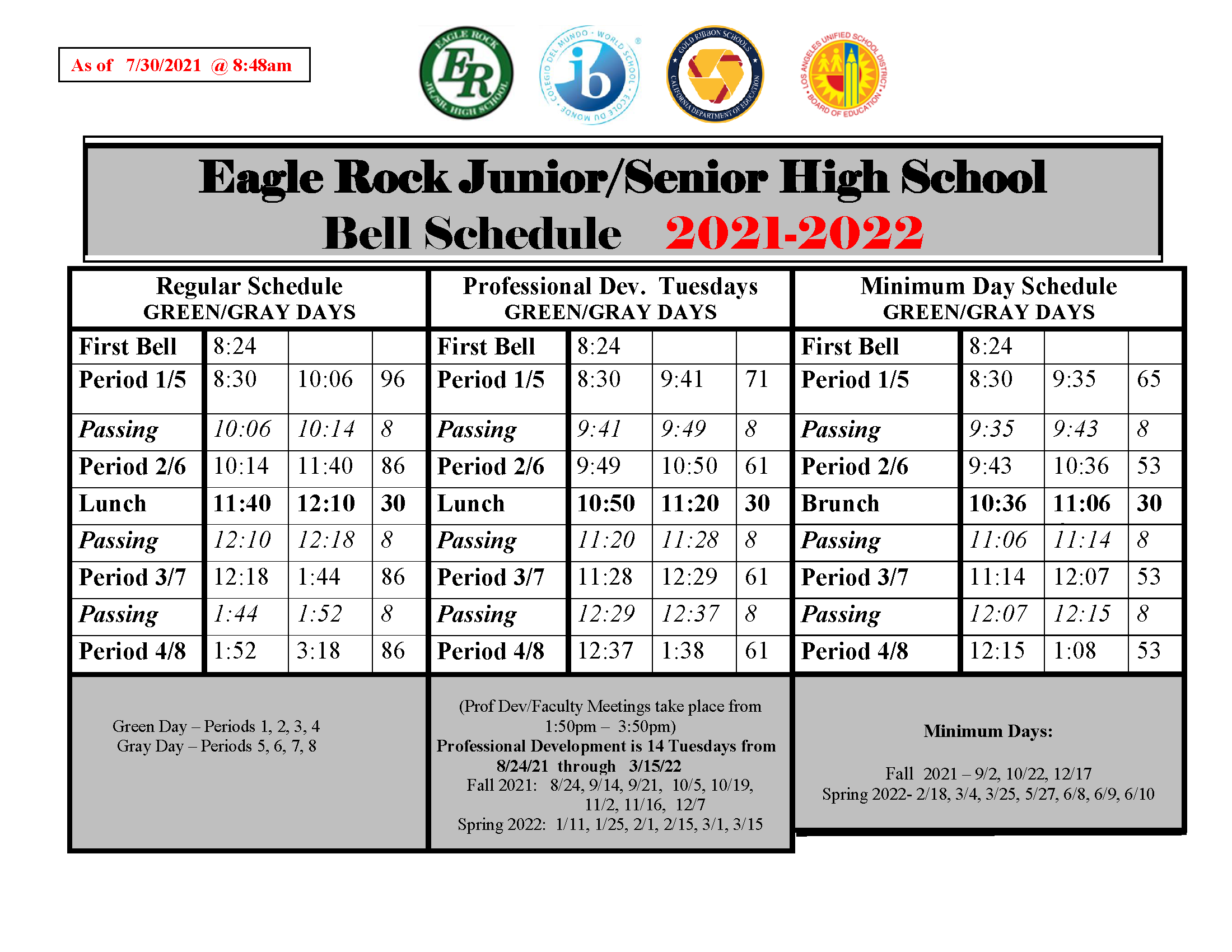 Occ Calendar 2022 Bell Schedule | Eagle Rock Jr./Sr. High School