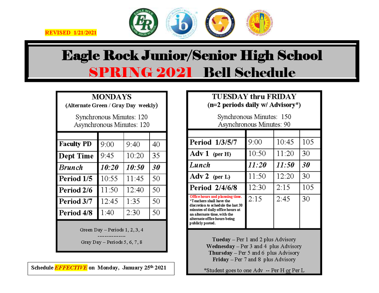 Bell Schedule | Eagle Rock Jr./Sr. High School